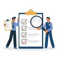 Two Business Colleagues Reviewing a Checklist with a Magnifying Glass vector