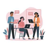 Diverse team collaborating on laptops in a modern office setting vector
