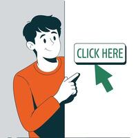 Friendly Character Points to Click Here Button vector