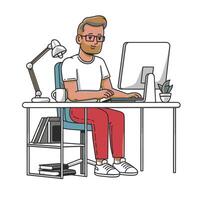 Man working at a desk, focused on computer. vector