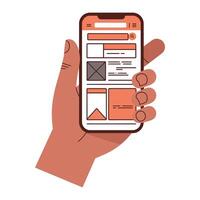 Hand holding a smartphone displaying a website design mockup vector