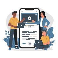Diverse group engaging in online learning via smartphone vector