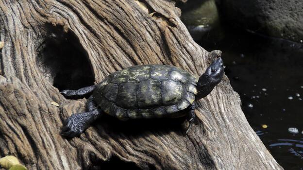 nariz de cerdo Tortuga tomando el sol en texturizado madera flotante con un natural estanque antecedentes en brillante luz de sol exhibiendo único cáscara patrones y acuático ambiente foto