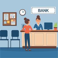 Customer interacting with bank teller at a service counter vector