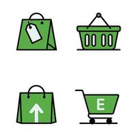 Flat Icon Set of Shopping Bags, Baskets, and Carts in Green vector