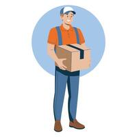 Smiling delivery person holding a package, ready to deliver vector