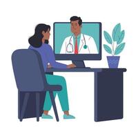 Woman having a virtual doctor's appointment on computer vector