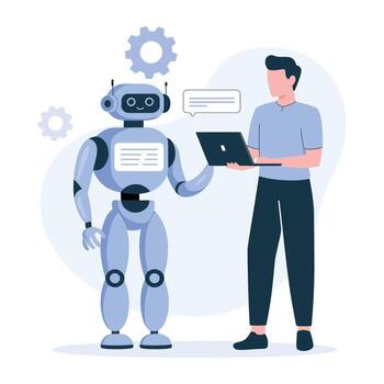 A friendly robot and a person collaborating on a project vector