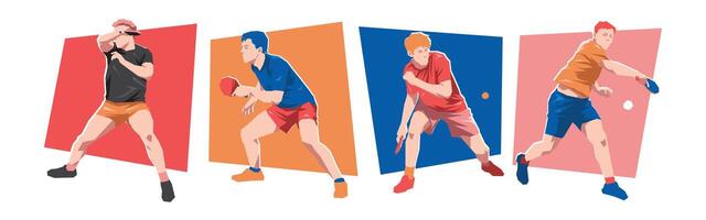 Set of male table tennis players with different poses, gestures. Isolated on white background. Flat character illustration. vector