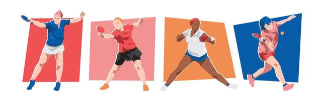Set of female table tennis players with different poses, gestures. Isolated on white background. Flat character illustration. vector