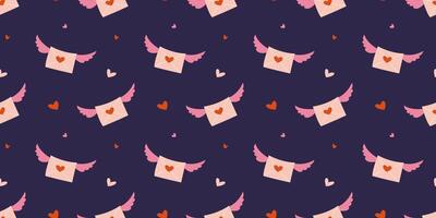 Valentine's Day seamless pattern. Message of love, pink envelope with wings, hearts. Illustration for background, greeting card, banner, wrapping paper, textile vector