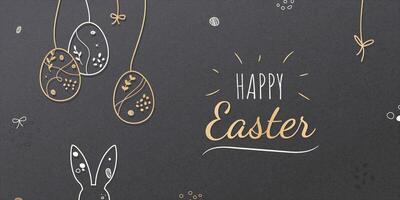 Happy Easter greeting Card with festive eggs and bunny. Simple Floral ornament, outline elements on grey grainy background vector