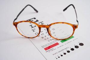 Glasses on eye exam chart to test eyesight accuracy of reading. photo