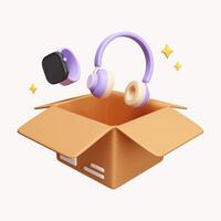 3d Opened parcel box with head phone and watch. online shopping concept. icon isolated on white background. 3d rendering illustration. Clipping path. photo