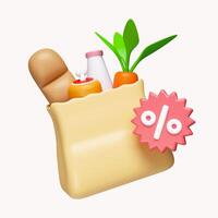 3D bag with a percentage and food . Favorable discounts and sale for various promotions. food delivery. icon isolated on white background. 3d rendering illustration. Clipping path. photo