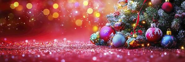 A Christmas tree with a red background and a bunch of colorful ornaments photo