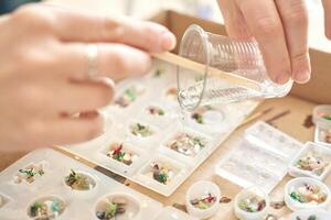 Hands pouring resin into molds for artistic jewelry making at craft workshop. photo