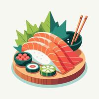 sushi with chopsticks and vegetables on a plate vector