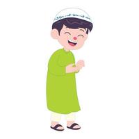 Friendly Muslim boy in green traditional attire, smiling warmly with a gesture of talking during Ramadan vector