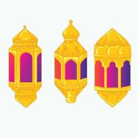 Set of three glowing golden lanterns with ornate carvings, symbolizing Ramadan warmth and elegance. vector