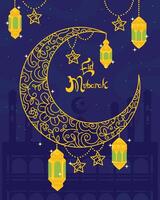 Elegant Eid al-Fitr greeting card background with ornaments, lanterns, crescent moon, stars, and mosque. vector