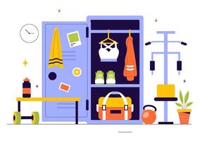 Flat Style Illustration of a Locker Room with Wardrobes and Towel Storage vector
