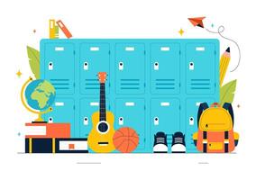 Flat Design of a School Locker Room with Organized Books, Items, and Accessories vector