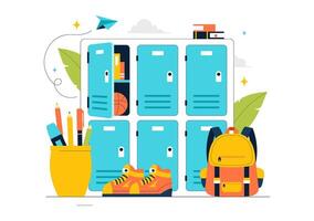 Art of a School Locker Room Featuring Neatly Arranged Books and Supplies in Flat Style vector