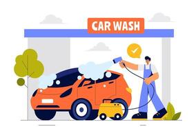 Illustration of a Car Wash Scene with Workers Using Sponges, Soap, and Water in Flat Style vector