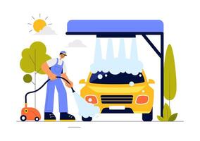 Automobile Washing Service Illustration with Workers and Cleaning Equipment in a Flat Cartoon Background vector