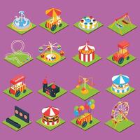 New Flat 3d isometric carousel attraction amusement leisure entertainment park icon set concept web app mobile infographics . Ice cream station aim shot popcorn roller coaster circus castle. vector