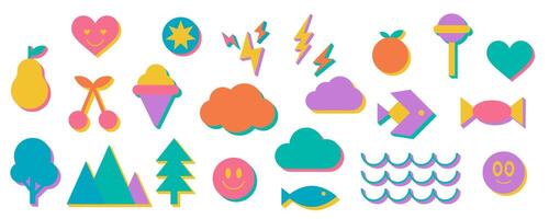Geometric bold groovy element set, modern retro swiss symbol art in trendy 90s flat style, basic decorative brutalism form collection for poster graphic, vintage trendy cartoon icon design. vector