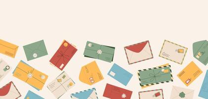 Creative greeting postcard background template, trendy handwritten letter and flat style handmade mail illustration for horizontal banner concept, cartoon paper envelope design composition. vector