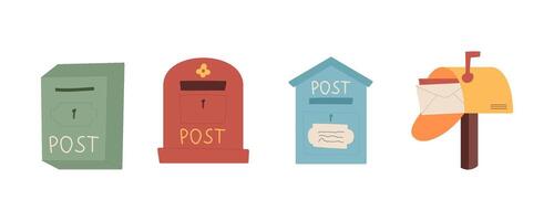 Creative style cartoon mailbox with letter set illustration, handmade envelope in post box collection, colorful design postbox bundle with paper mail, correspondence and documents delivery. vector