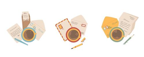 Cartoon top view craft letter composition, flat handwritten mail at the table with coffee and pen template, creative greeting postcard design collection, trendy handmade post card illustration, vector