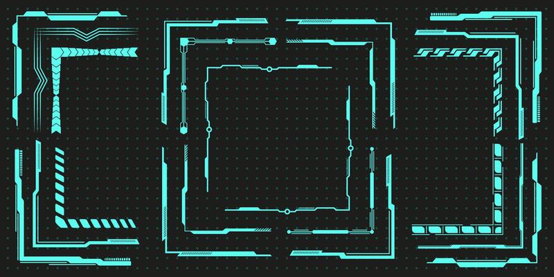 Geometric trendy y2k ui frame element set, vintage neon game hud icon graphic, modern techno 90s interface shape aesthetic, digital space groovy decoration , blue neon abstract acid collection.