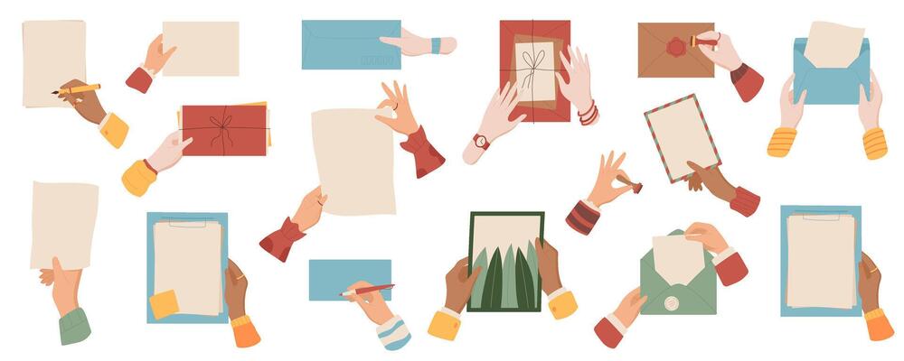 Flat hands with blank mail and letters set illustration, colorful isolated hand writing letter template, woman sends envelope and package, cartoon character holds sheet of paper collection.