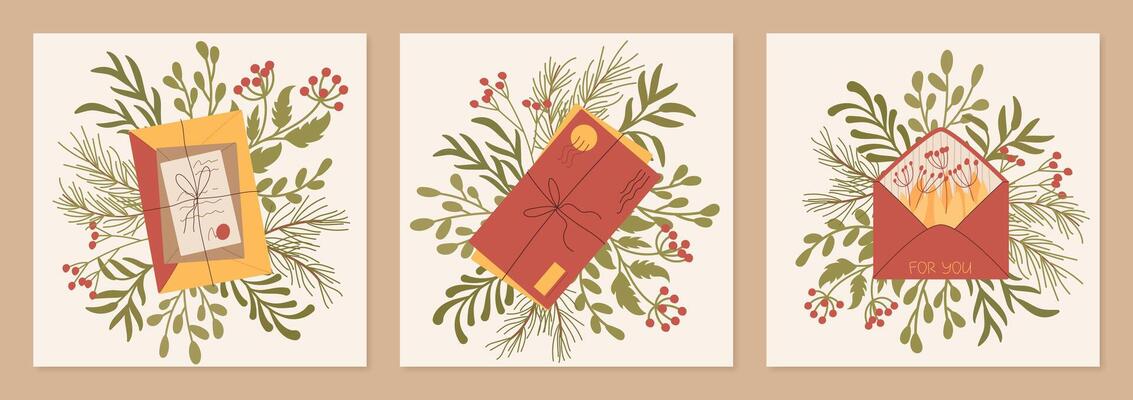 Trendy style craft square post card background, cartoon greeting social media postcard design, flat paper mail background template, creative handmade letter illustration with plants and leaves,