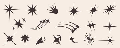 Abstract retro aesthetic star element collection, futuristic groovy sparkle symbol graphic, space comet rave decoration design, vintage twinkle y2k shape collection, geometric trendy 90s icon set. vector