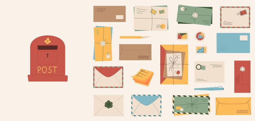 Colorful flat craft postcard background template, trendy handmade letter design with postbox and stationery, creative style paper mail illustration, cartoon greeting envelope banner concept,