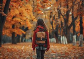 Concept for autumn and school. A girl with a backpack walks through the autumn park photo