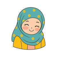 Pretty Islamic Girl Cartoon Character Wearing Pattern Blue Hijab While Smiling vector