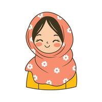 Cute Muslim Girl Cartoon Character Wearing Pattern Pink Hijab While Smiling vector