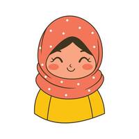 Funny Islamic Muslim Girl Cartoon Character Wearing Pattern Pink Hijab While Smiling vector