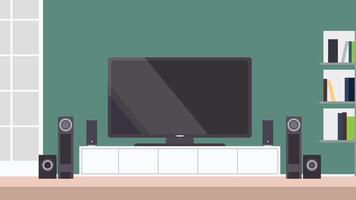Modern Digital Television in the Living Room at Home with Speaker and Bookshelf vector