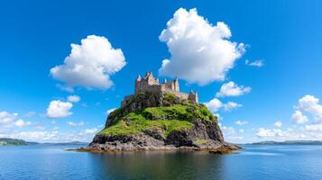 Stunning view of historic castle on hill surrounded by water photo