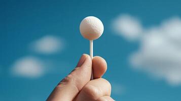 hand holding white lollipop against blue sky with clouds photo