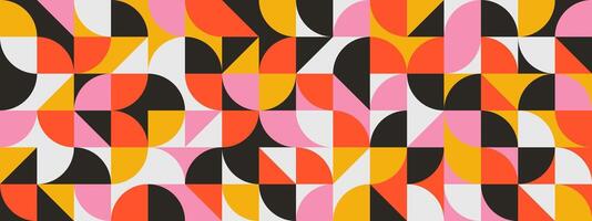 Bright curved seamless pattern. Abstract geometric mid century background. Colorful Swiss modernist or postmodernist style wallpaper. Modular repeating overlay. Red pink yellow mural backdrop vector
