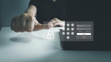 Fingerprint scanner to access information, verify to authentication, touching screen to login security, Internet of things, cloud computing, Internet connection, shopping online and cashless society photo