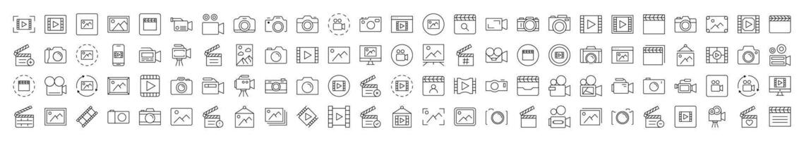 Clapperboard, Photo Camera, Movie, Picture Line Icon Collection. Editable Stroke. Minimalistic Linear Pictogram for Design of Cards, Apps, Banners, Posts vector